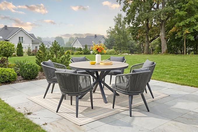 PURPLE LEAF 7 Pieces Patio Dining Set Wicker Outdoor Furniture Round Table and Chairs Set for Garden Deck Aluminum Frame Backyard Kitchen Set, Cushions and Pillows Included Grey by PURPLELEAF