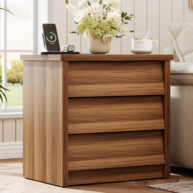 23" Wide Nightstand with Charger Station, Modern Night Stand with 3 Drawers, Wood End Table with USB Ports and Outlets, Storage Bedsides Table for Bedroom, Hallway (Walnut) by KNOWORLD