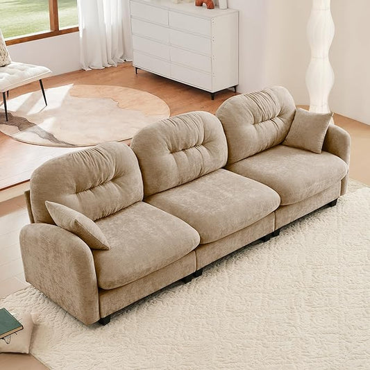 KEIKI 107" Oversized Chenille Modular Sectional Sofa with High-Density Foam Cushion and Tufted Pleated Cushion Backrest, Upholstered Modern 3-Seater Cloud Couch with 2 Pillow, for Living Room, Camel
