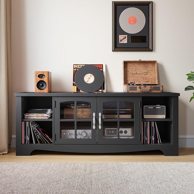 LINSY HOME Farmhouse TV Stand for 65 Inch TV, Wood Entertainment Center with Glass Door Storage Cabinet & Adjustable Shelves, Sturdy TV Console Table for Living Room Bedroom, Black - Image 4