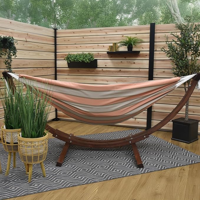 Vivere Double Cotton Hammock with Solid Pine Arc Stand - 450 lb Capacity, Durable FSC Wood Frame, Includes Hardware & User Guide - 450 lb Weight Capacity (Cameo) - Image 4