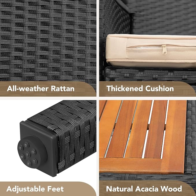 Devoko 5 PCS Furniture, Patio Conversation Set with Acacia Wood Top, Rattan Outdoor Dining Table and Chairs for Backyard, Garden, Deck, Black - Image 7