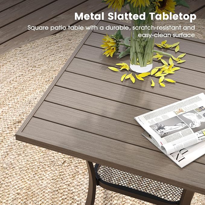 DIFY 3-Piece Outdoor Patio Bistro Dining Set, Grey Wood-Like Small Square Dining Table & 2 Grey Stackable Metal Chairs with Breathable Fabric, Outdoor Furniture Set for Balcony, Porch, and Deck - Image 5