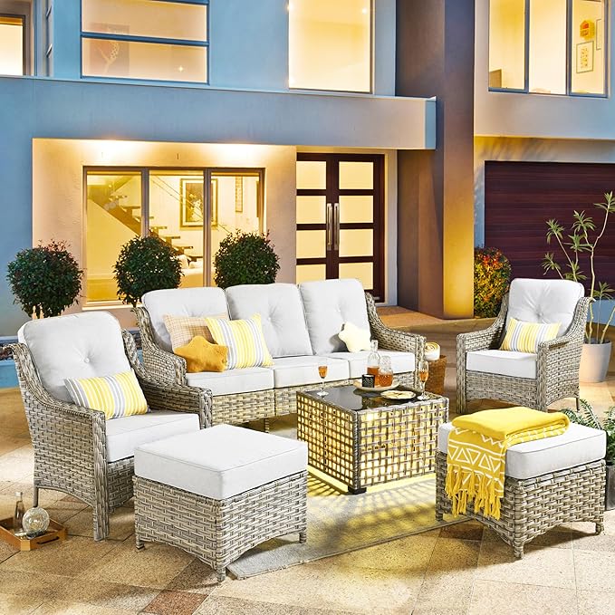 HOOOWOOO 6 Piece Patio Furniture Conversation Sets with Sola Light Table,Outdoor Wicker Furniture with Ottoman, All Weather Resistant Outside High Back Rattan Patio Set(Light Grey Gray)