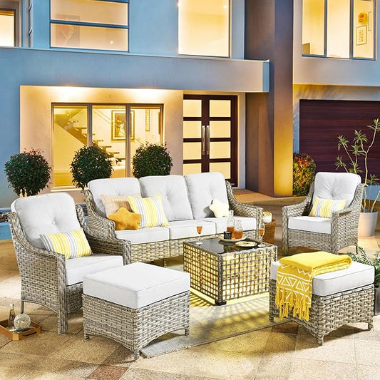 HOOOWOOO 6 Piece Patio Furniture Conversation Sets with Sola Light Table,Outdoor Wicker Furniture with Ottoman, All Weather Resistant Outside High Back Rattan Patio Set(Light Grey Gray)