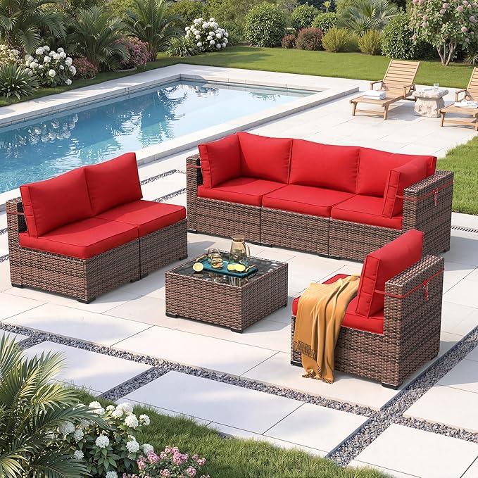 Amopatio Patio Furniture Set 7 Pieces Patio Conversation Set Outdoor Sectional Wicker Rattan Sofa with All-Weather Cover, Patio Furniture with Pillows Fits Porch Garden Backyard Balcony(Red)