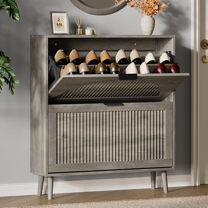 Xixini Shoe Storage Cabinet with 2 Flip Drawers, 36" Tall Narrow Wood Fluted Shoe Organizer for Entryway, Freestanding Wooden Hidden Slim Shoe Rack for Front Door Entrance, Hallway, Foyer, Light Grey by Xixini