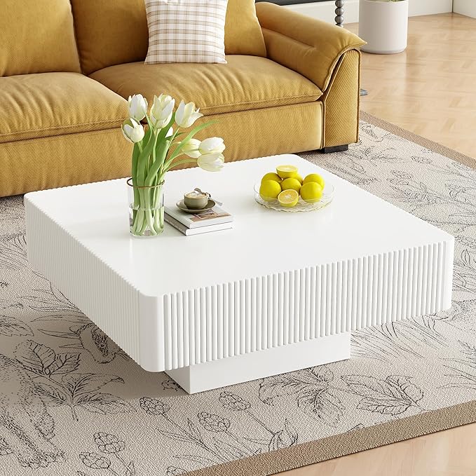 Merax Modern Square Coffee Table with Sturdy Base, Wood Minimalist Fluted Center Tables for Living Room Reception Room, Easy Assemble, White
