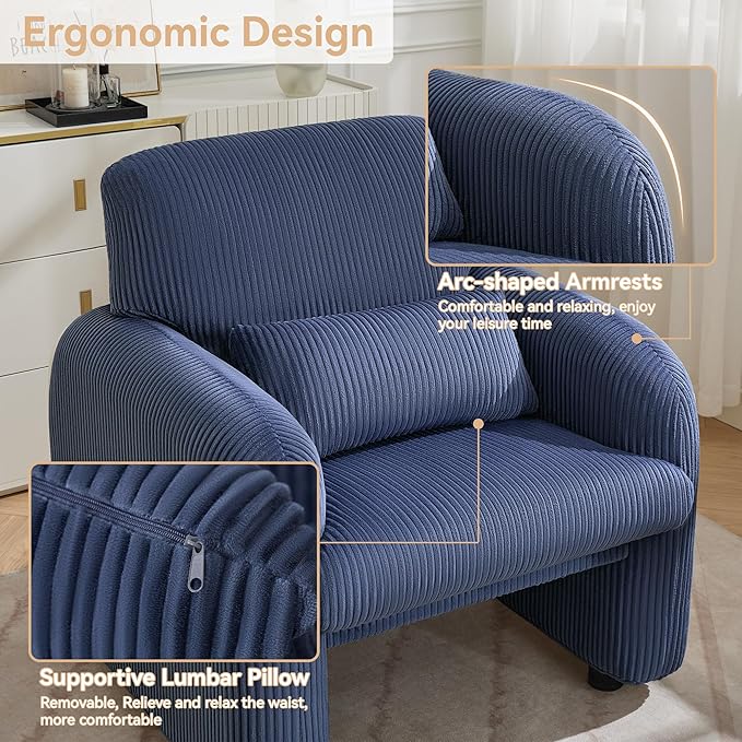 WUTUTUEE Corduroy Fabric Accent Chairs Set of 2, Modern Upholstered Living Room Chairs with Lumbar Pillow, Wide Comfy Leisure Armchair for Bedroom, Office, Reading, Blue