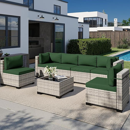 7-Piece Outdoor Patio Furniture Set, PE Wicker Rattan Sectional Sofa Conversation Set with Tempered Glass Table & Thick Cushions - All-Weather Garden, Backyard Furniture, Green