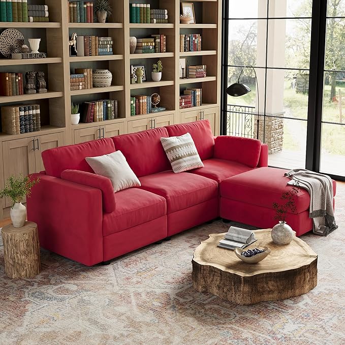 GarveeHome 104" Modular Sectional Sofa, 4 Seater Sectional Couch, L Shaped Sofa with Ottoman, Oversized Convertible Modular Couch for Living Room Apartment Office, Chenille Red