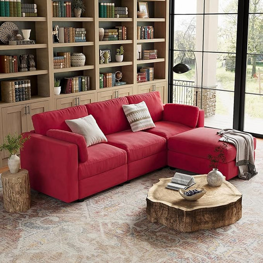 GarveeHome 104" Modular Sectional Sofa, 4 Seater Sectional Couch, L Shaped Sofa with Ottoman, Oversized Convertible Modular Couch for Living Room Apartment Office, Chenille Red