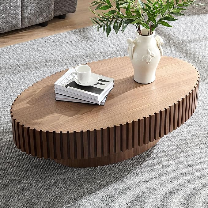 43.7" Oval Coffee Table for Living Room Fluted Pedestal Coffee Table Modern Handcrafted Centre Table for Apartment, Easy Assembly, Walnut