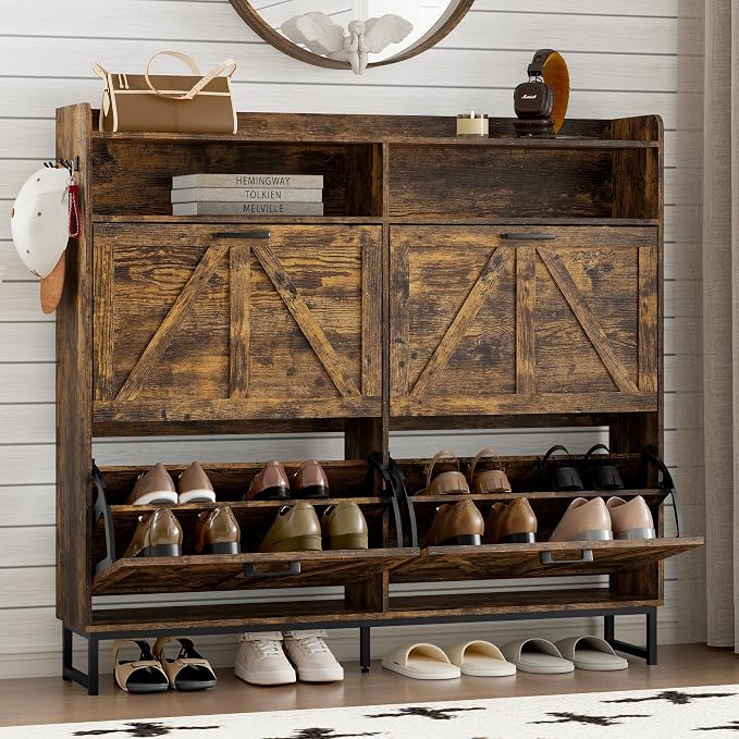 BORNOON Shoe Cabinet with 4 Flip Drawers Narrow Shoe Storage Cabinet Organizer Wooden Freestanding Shoe Rack Hidden Slim Shoes Storage Cabinet for Entryway, Hallway, Living Room, Bedroom by BORNOON