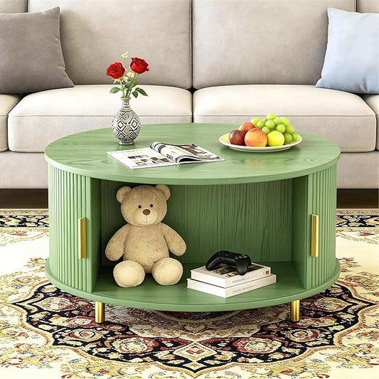 DHH Round Coffee Table, 31.5" Mid Century Modern Coffee Table with 360° Sliding Tambour Door, Fluted Accent Table with Storage Adjustable Footpads for Living Room (Green)