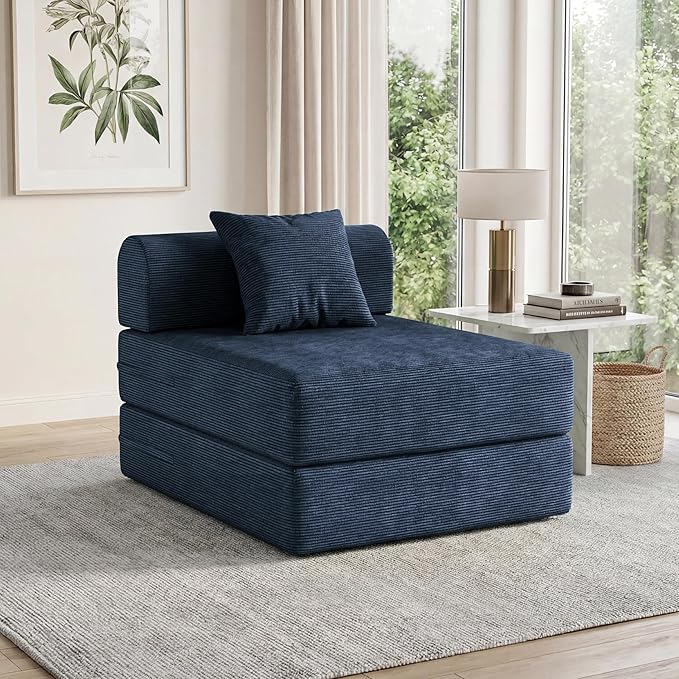 31.5'' Convertible Compressed Corduroy Folding Sofa Bed, Modern Boneless Pull Out Sleeper Sofa Couch in a Box, 3 in 1 Portable Lazy Floor Lounge Chair, No Assembly Needed, Navy Blue, Pillow, Single