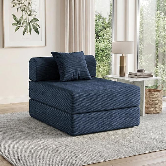 31.5'' Convertible Compressed Corduroy Folding Sofa Bed, Modern Boneless Pull Out Sleeper Sofa Couch in a Box, 3 in 1 Portable Lazy Floor Lounge Chair, No Assembly Needed, Navy Blue, Pillow, Single