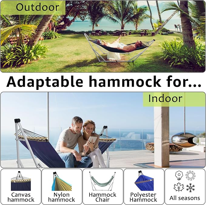 Tranquillo Ultimate Relaxation Portable Hammock Stand, Foldable Hammock Stand with Canvas Hammock, Spreader Bar, Quick Fold Unfold in 30 Seconds Steel Frame Hammock 600 lbs Capacity, White/Navy - Image 8