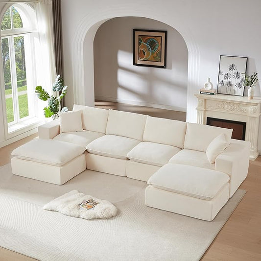 Cloud Modular Sectional Couches Boneless Sofa for Living Room, 138" Oversized U Shaped Corner Couch with Movable Ottomans, Memory Foam Compressed 6 Seater Sofa for Living Room | Plush, Wider Armrest, Free Combination