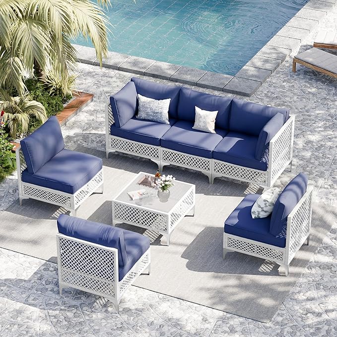 Vikiullf Patio Conversation Set, 7 Piece Outdoor Sectional Sofa Set with Coffee Table, White Wicker with Black Cushions (White and Blue, 7 piece)