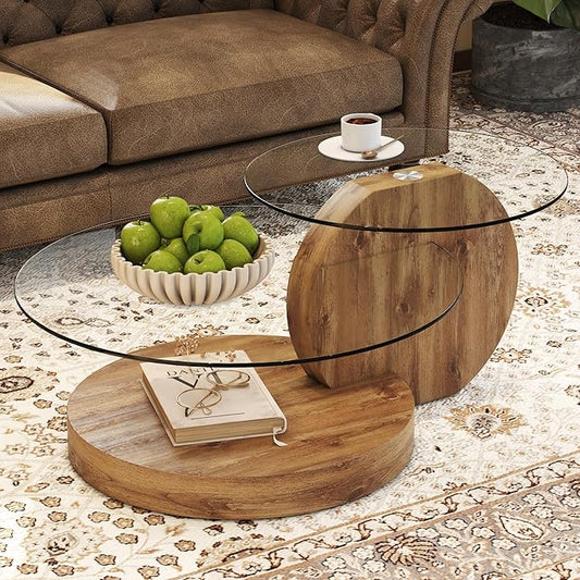 35.4" Glass Coffee Table, Small Round Coffee Table, 2-Tier Tempered Glass Tabletop with Wooden Base, Modern Center Table for Living Room, Home, Apartment, Ideal for Small Space