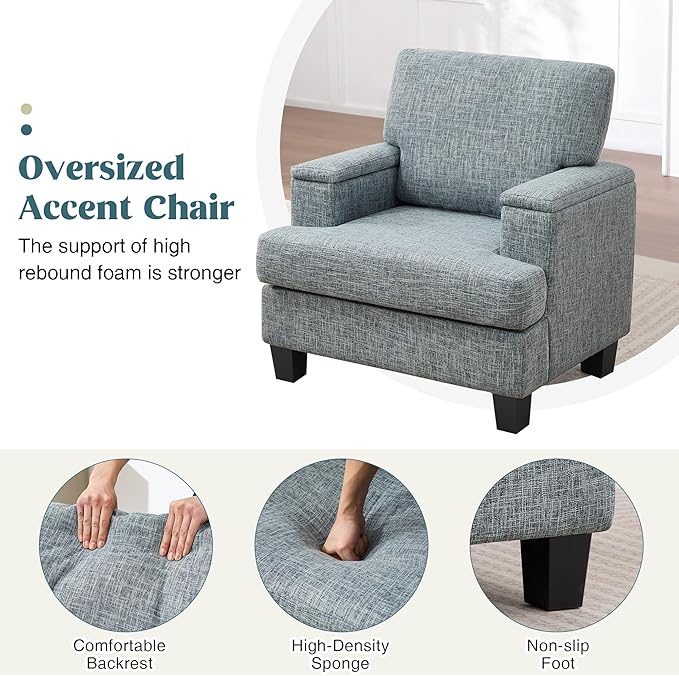 Oversized Accent Chair with Armrest Storage, Modern Upholstered Reading Living Room Chairs, Comfy Large Armchair, Fabric Single Sofa Chair for Bedroom (Bluish Grey)