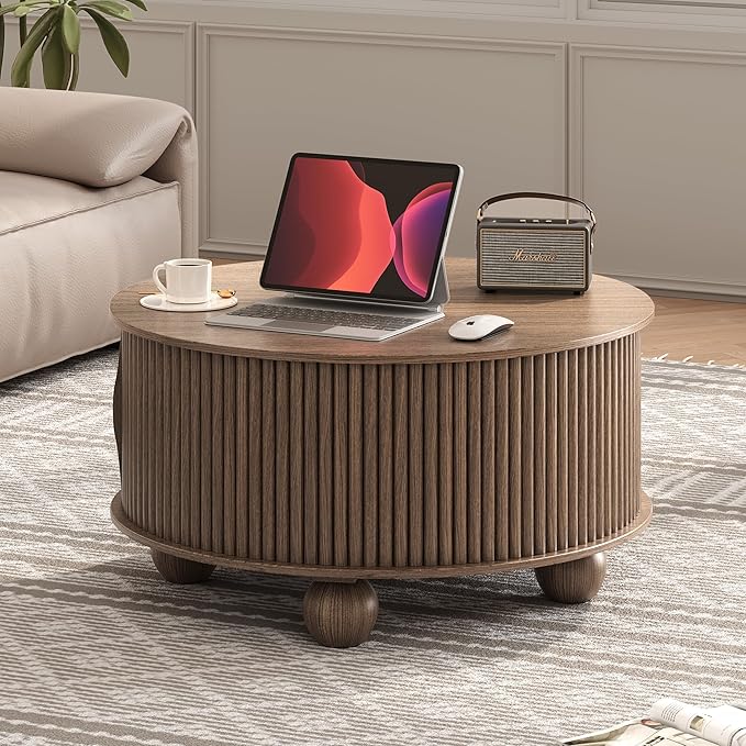 Round Coffee Table with Storage, 31.5" Mid Century Modern Coffee Table with Sliding Door & Bun Feet, Minimalist Fluted Center Table for Living Room, Home Small Space, Walnut