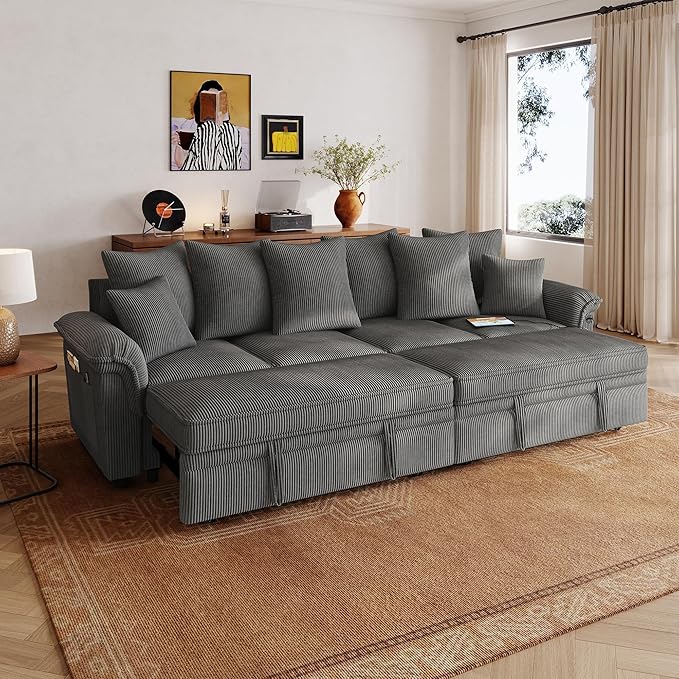 LINSY HOME Oversized Sectional Sleeper Sofa with Pull Out Couch Bed (Gray, 110.5'') | USB Charging, Pillow-style Armrest, Multiple Cushions, Modular Sofa, Corduroy Fabric