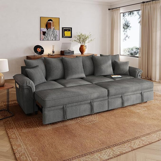 LINSY HOME Oversized Sectional Sleeper Sofa with Pull Out Couch Bed (Gray, 110.5'') | USB Charging, Pillow-style Armrest, Multiple Cushions, Modular Sofa, Corduroy Fabric