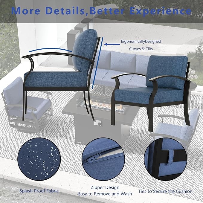 Aluminum Outdoor Patio Furniture Set,5 Pieces 5 Seats Metal Patio Sectional Furniture Set,Patio Conversation Sets with 45" Propane Fire Pit Table,Swivel Rocking Chairs Set,Navy Blue