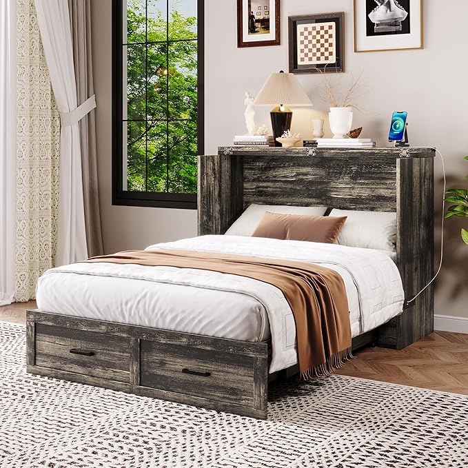 Bellemave Full Size Murphy Bed, Cabinet Bed with Charging Station and 1 Large Storage Drawer, Farmhouse Murphy Cabinet with Foldable Panel, Noisy Free, for Guest Bedroom, Living Room, Rustic Gray