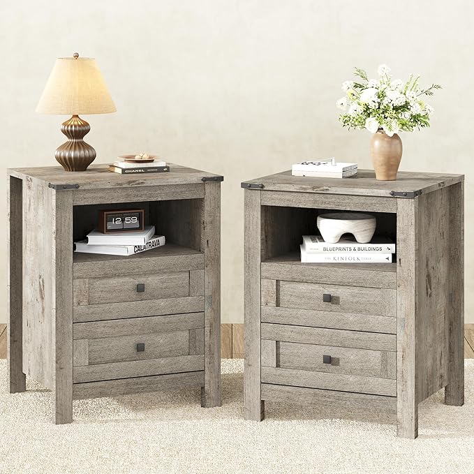 EazeHome 3 Piece Bedroom Set - Includes 6 Drawer Dresser for Bedroom, Set of 2 Nightstands with Open Storage Shelf and Drawers, Retro Dresser and Nightstand Sets, Gray