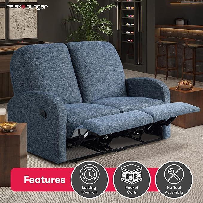 Relax-A-Lounger® Palmdale 58.3" Rocker Manual Pull-Handle Loveseat Recliner, Soft Modern, Pocket Coil Comfort, Black Metal Base Leg, Soft Chenille Fabric, Blue
