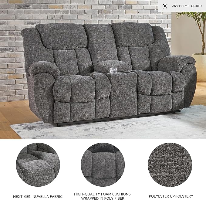 Signature Design by Ashley Foreside Contemporary Stain Resistant Manual Double Reclining Loveseat with Console, Storage and Cup Holders, Gray