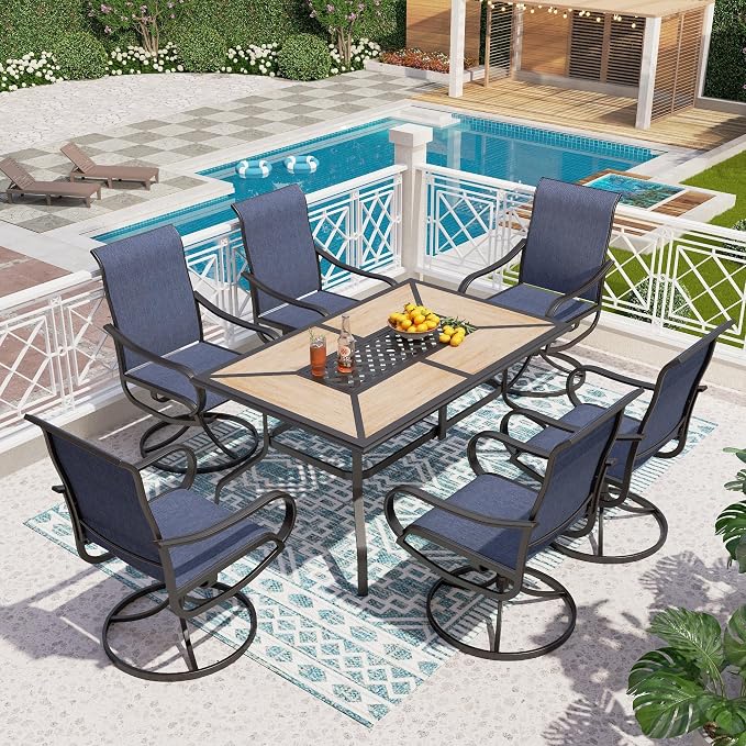PHI VILLA 7 Piece Patio Dining Set, 6 Swivel Patio Chairs with Textilene Mesh Fabric & Rectangular Wooden-Like Dining Table(1.6" Umbrella Hole), All Weather Patio Chairs and Table Set for Deck (Blue) by PHIVILLA