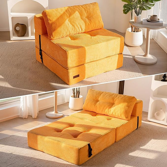 MAXYOYO Folding Sofa Bed, Convertible Sofa Bed with High-Density Support Foam, Portable 4 in 1 Fold Out Chair to Floor Lounger, Versatile Floor Couch for Living Room Bedroom, Orange