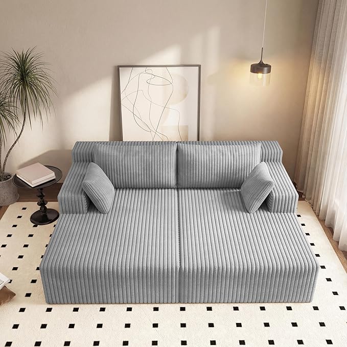 71-Inch Fluffy Corduroy Boneless Sleeper Daybed Loveseat Double Recliner Chaise Lounge Sofa Couches, Floor Cloud Sofa Chaise W/4 Pillows for Home Apartment Living Room