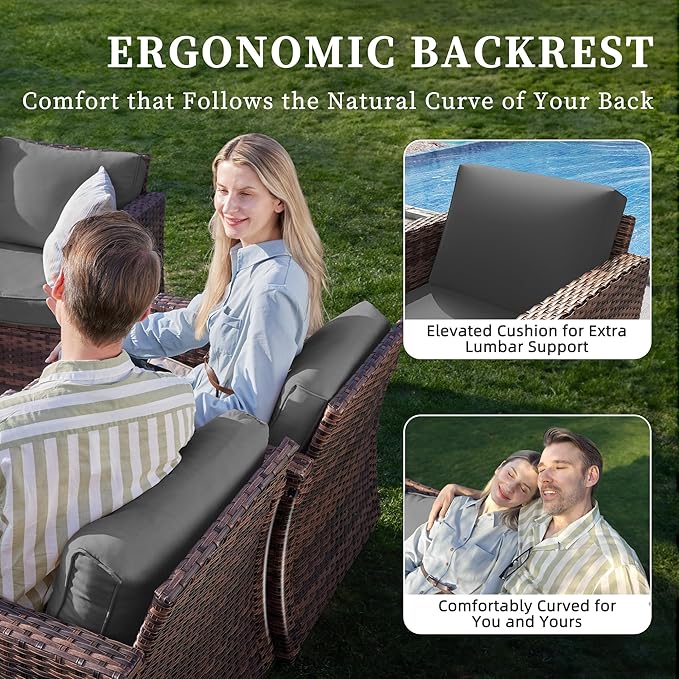 UDPATIO 5 Pieces Patio Furniture Set with Fire Pit Table, Outdoor Furniture Set with Rocking Swivel Chairs, Wicker Patio Set with Waterproof Cover, 4'' Thickened Cushion, Grey