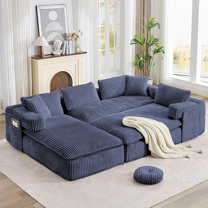149" Oversized U Shaped Cloud Modular Sectional Sofa Boneless Couch with Double Chaise,Free Combination Convertible Floor Sofa Bed with Storage Pockets and Pillows | No Assembly
