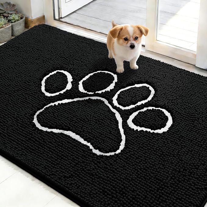 OLANLY Dog Door Mat for Muddy Paws 48x30, Paw Print Design, Absorbs Moisture and Dirt, Absorbent Non-Slip Washable Doormat, Quick Dry Chenille Mud Mat for Dogs, Entry Indoor Entryway Carpet, Black by OLANLY