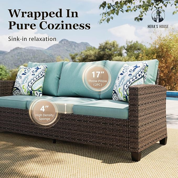 HERA'S HOUSE Wicker Patio Furniture Set with Fire Pit Table, 6 Pieces Outdoor Seating Furniture with Thick Cushions, 7 Seats Patio Conversation Sofa Sets, Blue