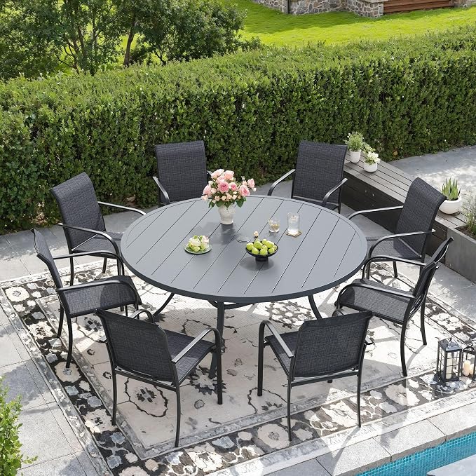 DIFY 9 Pieces Outdoor Patio Dining Set for 8, 53" Round Metal Dining Table and 8 Stackable Textilene Patio Chairs, Outdoor Table and Chairs for Backyard Garden Poolside, Grey by DIFY