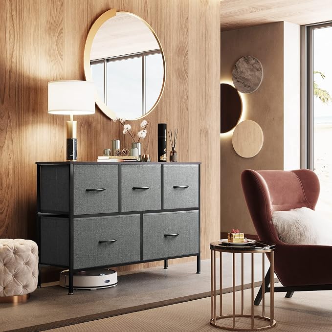 WLIVE Dresser for Bedroom with 5 Drawers, Long Storage Tower Organizer Unit, Fabric Dresser, Storage Drawer Unit with Fabric Bins for Closet, Hallway, Dark Grey, Size L - Image 4