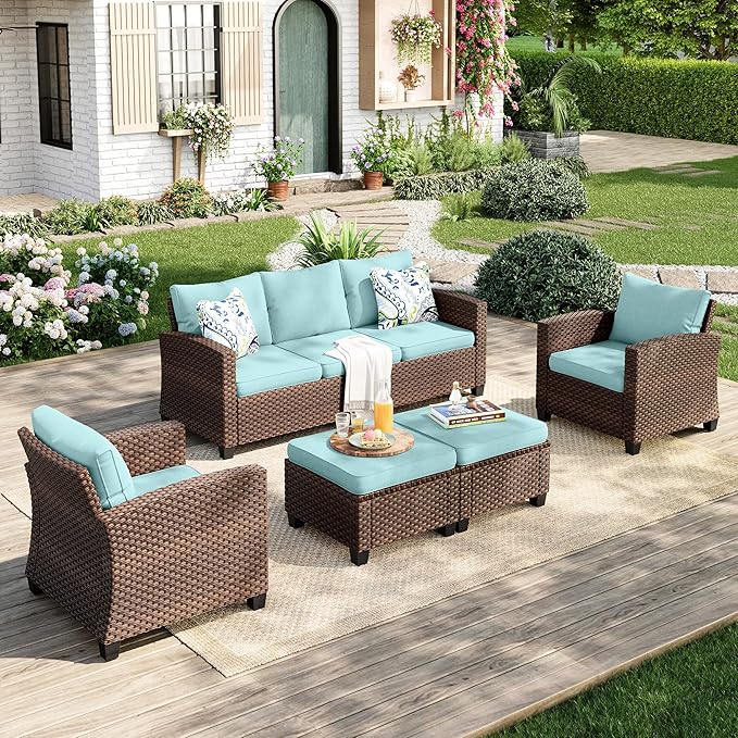 Patio Furniture Set, 5 Pcs Wicker Rattan Outdoor Conversation Set, 2 x Leg Chairs, 1 x 3 Seater Sofa and 2 x Ottoman with 4" Thick Cushion for Garden Backyard Deck, Blue