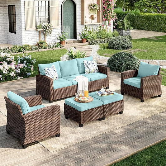Patio Furniture Set, 5 Pcs Wicker Rattan Outdoor Conversation Set, 2 x Leg Chairs, 1 x 3 Seater Sofa and 2 x Ottoman with 4" Thick Cushion for Garden Backyard Deck, Blue