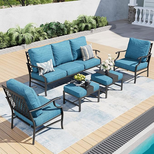 5 Piece Metal Outdoor Patio Furniture Set, Patio Conversation Sets 3-seater Sofa, 2 Fixed Chair, 2 Ottomans with 5.75" Thick Cushion, Black All-weather Frame Backyard Furniture, Blue-2