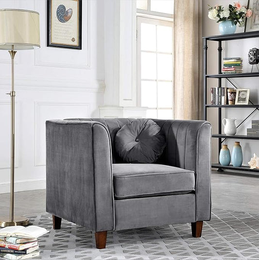 Arvilla Velvet Chair with Bolster Pillows, Soft Upholstery, Mid Century Modern Design, Chesterfield-Inspired Accent Armchair for Living Rooms, Fossil Grey