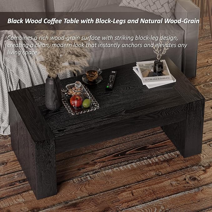 COZAYH Modern Black Wood Coffee Table with Thick Block Legs and Natural Wood Grain, Rectangular Large Center Table for Living Room Decor, Office, Farmhouse, Sturdy