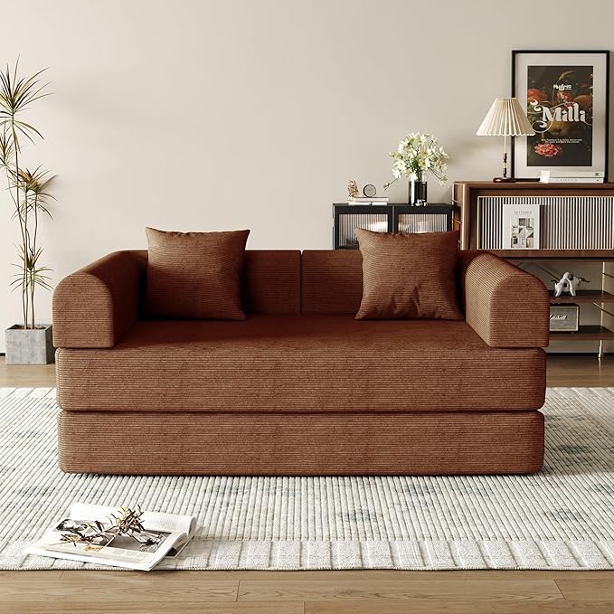 59'' Convertible Compressed Corduroy Folding Cloud Sofa Bed, Modern Boneless Pull Out Loveseat Sleeper in a Box, 4 in 1 Floor Mattress Futon Cloud Couch, No Assembly Needed, Caramel, 2 Pillows, Queen