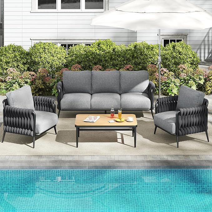 Outdoor Patio Furniture Set, Outdoor 5-Seat Sofa with Coffee Table, Waterproof Thick Cushion Patio Conversation Set, All Weather Outdoor Couch Set for Deck, Lawn, Balcony, Porch